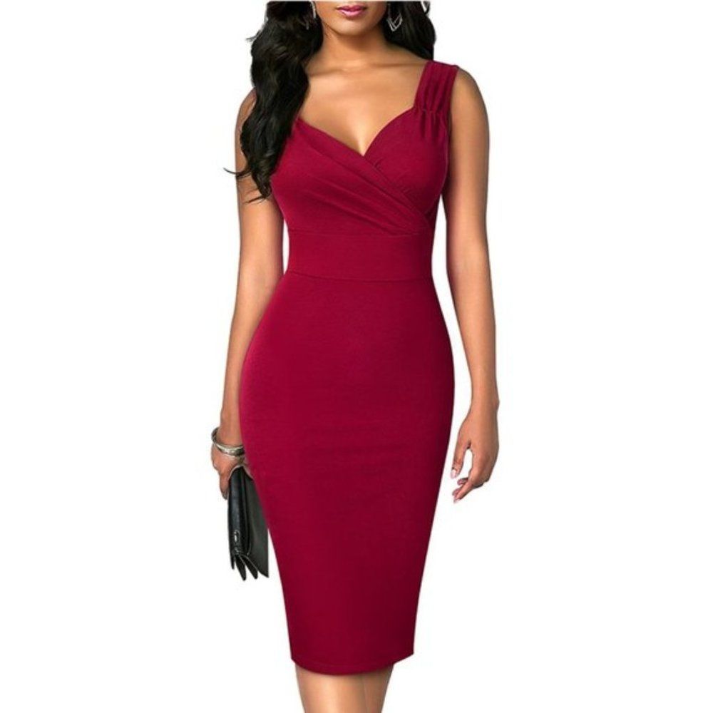 Women's Sleeveless Pleated Pencil Dress Burgundy